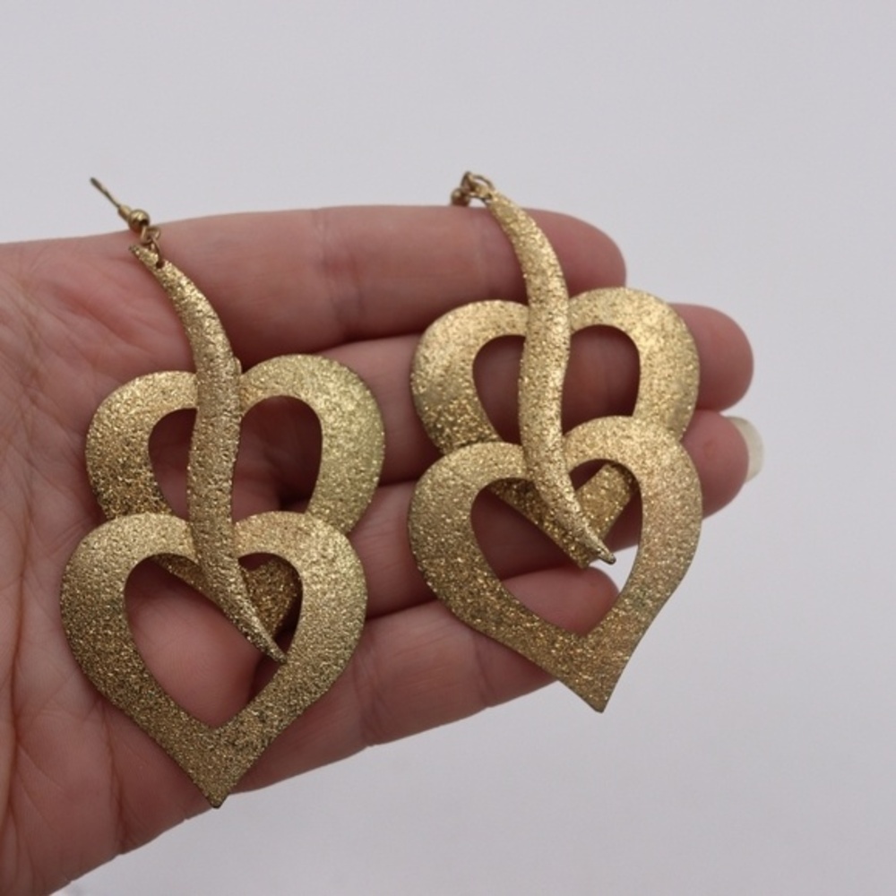 Vintage Rainbow Heart Dangly Earrings Gold Tone 1980s Retro Costume Jewelry